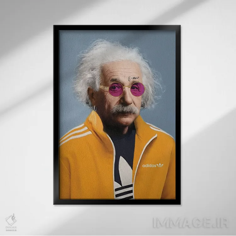 تابلو اینشتین با لباس آدیداس آبی اثر بکر جیلان - نمای قابدار مشکی
