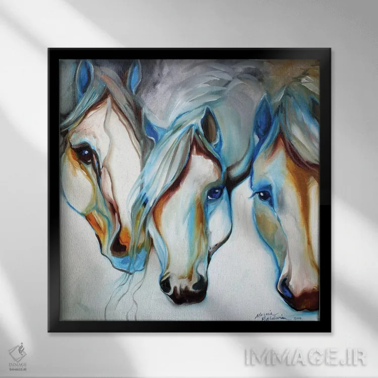 تابلو سه نجیبزاده (اسب انتزاعی) اثر مارسیا بالدویین - نمای قابدار مشکی