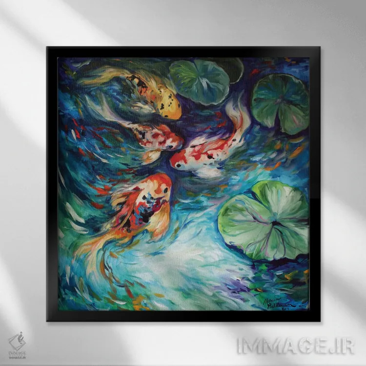 تابلو رنگهای رقصان کوی (ماهی ژاپنی) اثر مارسیا بالدویین - نمای قابدار مشکی