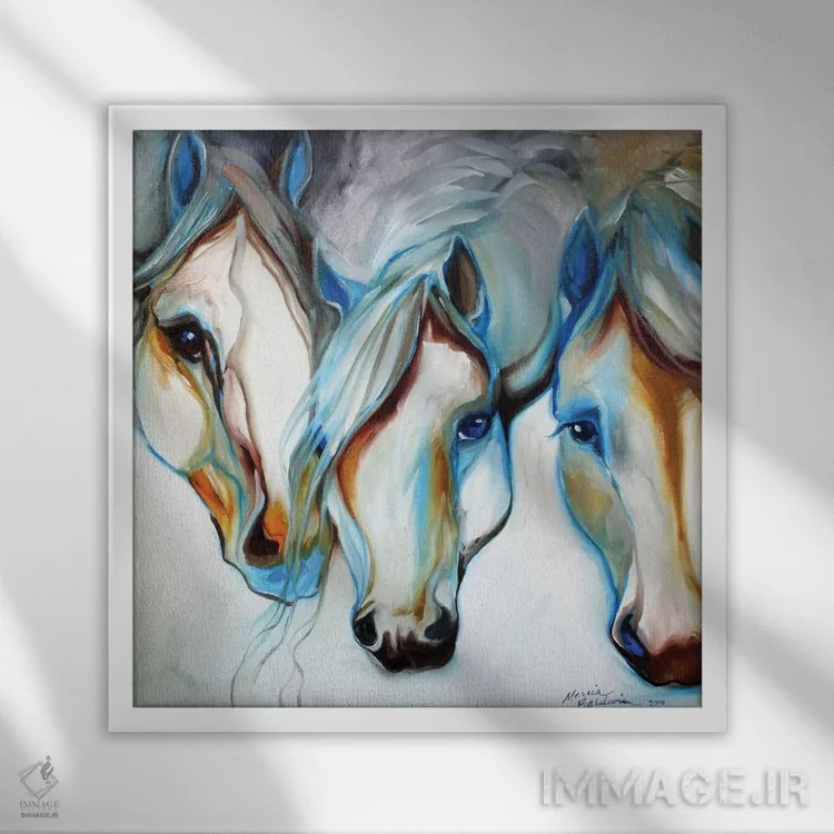 تابلو سه نجیبزاده (اسب انتزاعی) اثر مارسیا بالدویین - نمای قابدار سفید