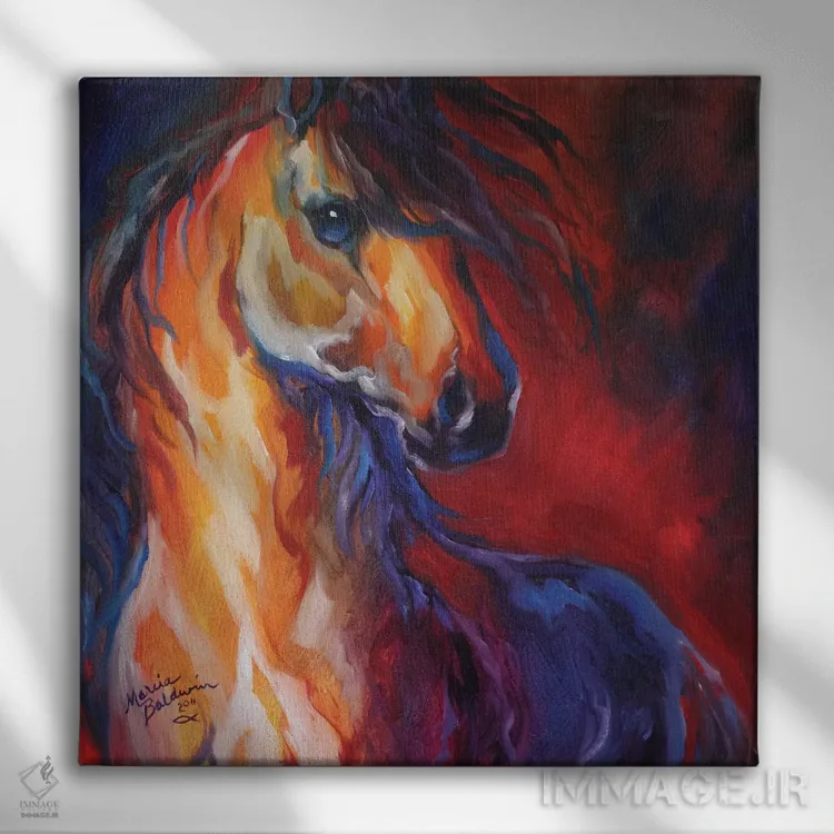 تابلو اسب نر سپیدهدم سرخ اثر مارسیا بالدویین - نمای روبهرو روی دیوار