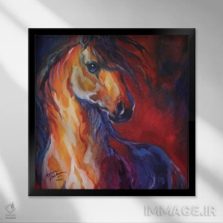 تابلو اسب نر سپیدهدم سرخ اثر مارسیا بالدویین - نمای قابدار مشکی