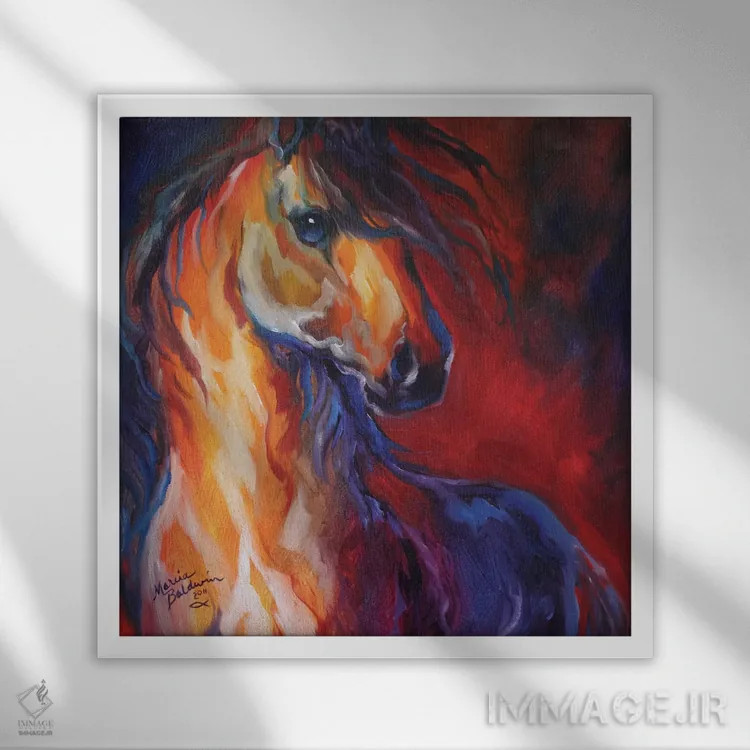تابلو اسب نر سپیدهدم سرخ اثر مارسیا بالدویین - نمای قابدار سفید