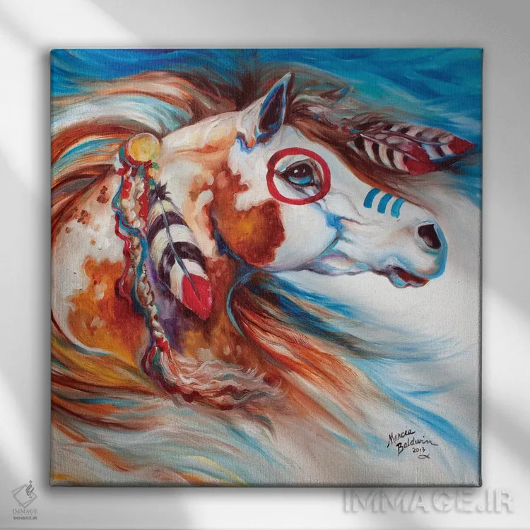 تابلو اسب جنگی سرخپوستان باد رعد اثر مارسیا بالدویین - نمای روبهرو روی دیوار