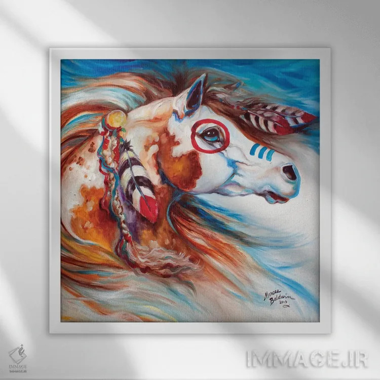 تابلو اسب جنگی سرخپوستان باد رعد اثر مارسیا بالدویین - نمای قابدار سفید