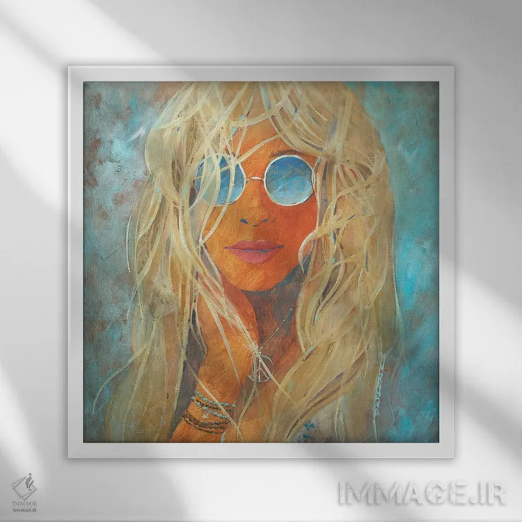 تابلو دختر هیپی بلوند اثر بیل درایزدیل - نمای قابدار سفید