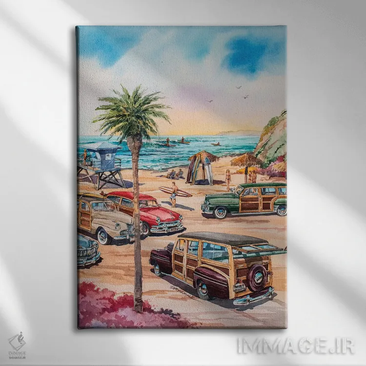 تابلو وودیهای ساحل مونلایت (خودرو چوبی کلاسیک) اثر بیل درایزدیل - نمای روبهرو روی دیوار