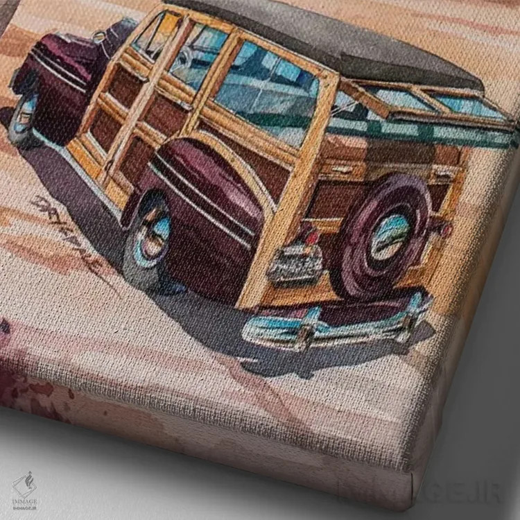 تابلو وودیهای ساحل مونلایت (خودرو چوبی کلاسیک) اثر بیل درایزدیل - نمای نزدیک بافت بوم