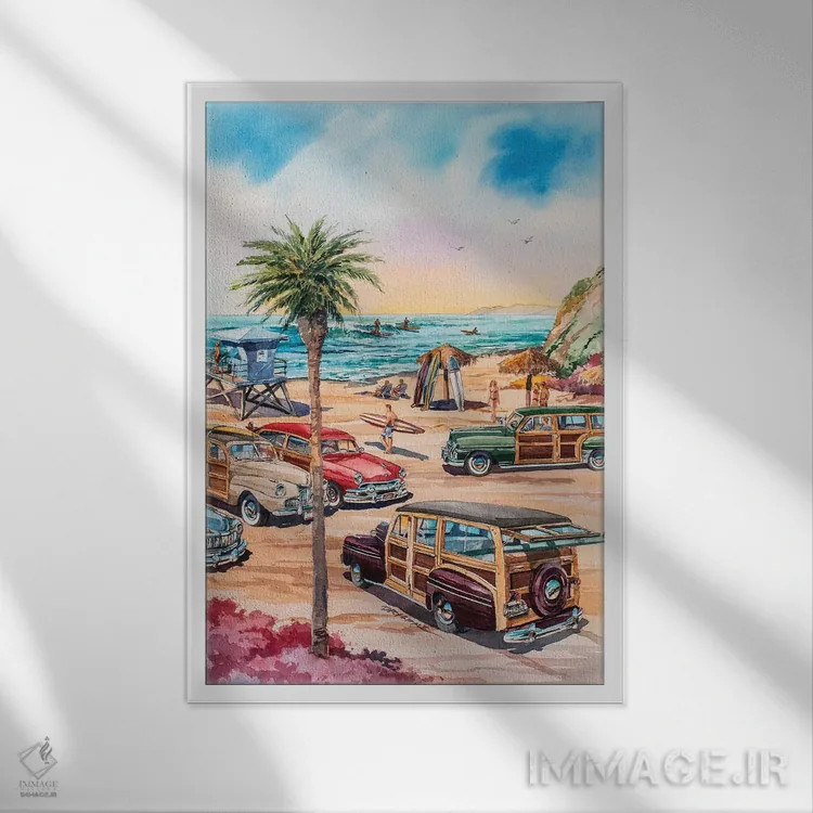 تابلو وودیهای ساحل مونلایت (خودرو چوبی کلاسیک) اثر بیل درایزدیل - نمای قابدار سفید