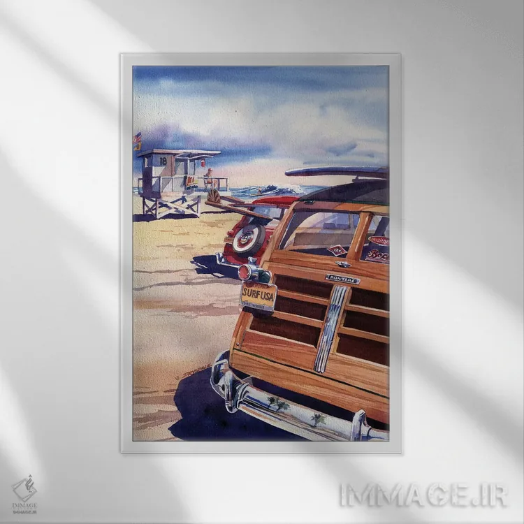 تابلو موجسواری در آمریکا اثر بیل درایزدیل - نمای قابدار سفید