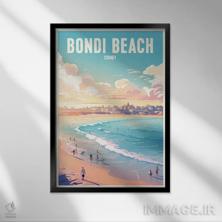 تابلو ساحل بوندی (استرالیا) اثر استودیو آرت برد (استودیو هنری) - نمای قابدار مشکی