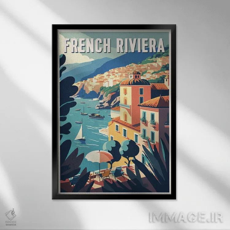 تابلو ساحل ریویرا فرانسه اثر استودیو آرت برد (استودیو هنری) - نمای قابدار مشکی