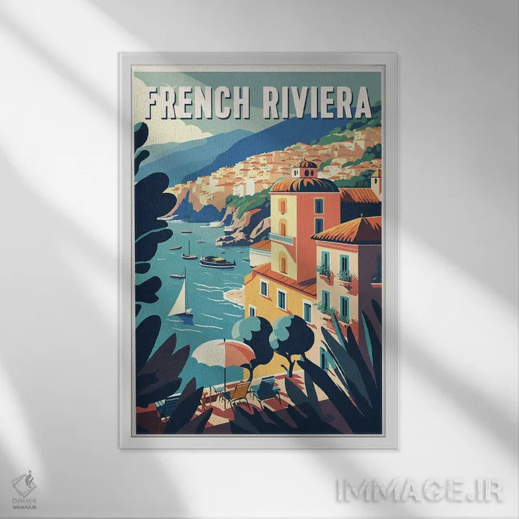 تابلو ساحل ریویرا فرانسه اثر استودیو آرت برد (استودیو هنری) - نمای قابدار سفید