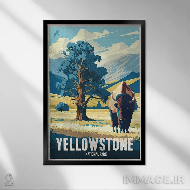 تابلو پارک ملی یلواستون (آمریکا) اثر استودیو آرت برد (استودیو هنری) - نمای قابدار مشکی