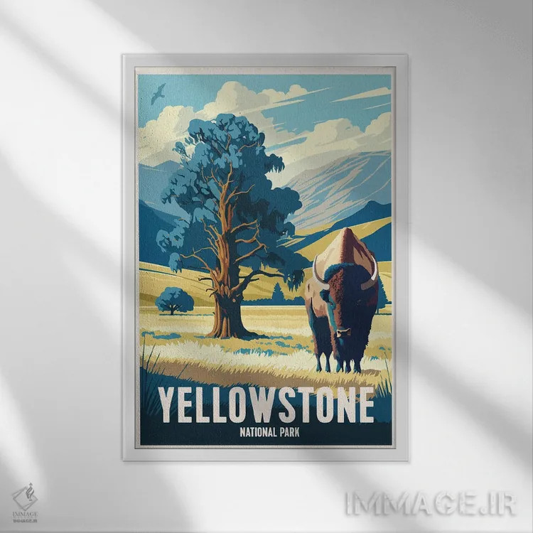 تابلو پارک ملی یلواستون (آمریکا) اثر استودیو آرت برد (استودیو هنری) - نمای قابدار سفید