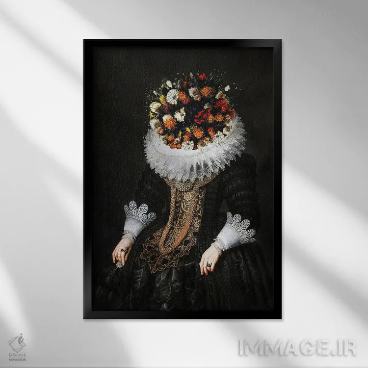 تابلو بانوی اشرافی با سر گل II (سوررئال) اثر بونا فیدسا - نمای قابدار مشکی