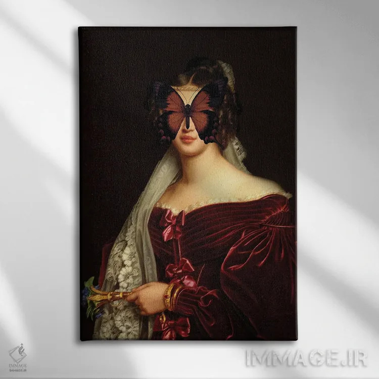 تابلو کلاژ زن و پروانه اثر بونا فیدسا - نمای روبهرو روی دیوار