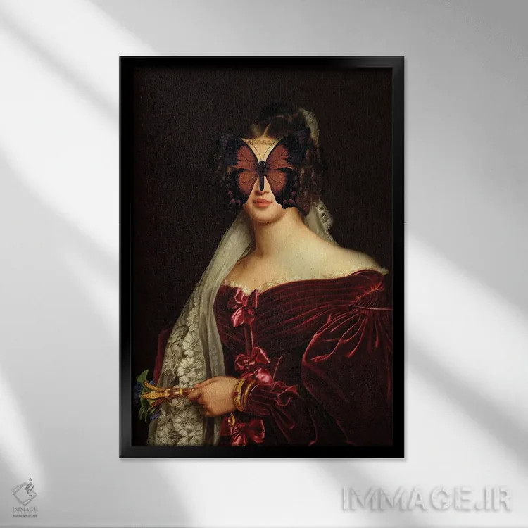 تابلو کلاژ زن و پروانه اثر بونا فیدسا - نمای قابدار مشکی