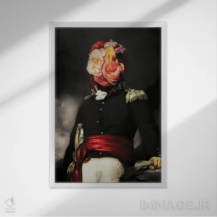 تابلو پرترهٔ سرباز با سر گل I (سوررئال) اثر بونا فیدسا - نمای قابدار سفید