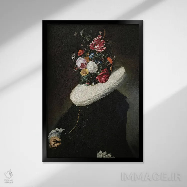 تابلو بانوی اشرافی با سر گل (سوررئال) اثر بونا فیدسا - نمای قابدار مشکی