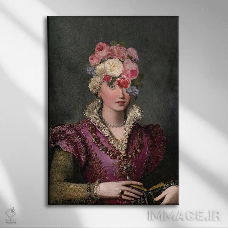 تابلو زن با سر گل رنگارنگ اثر بونا فیدسا - نمای روبهرو روی دیوار