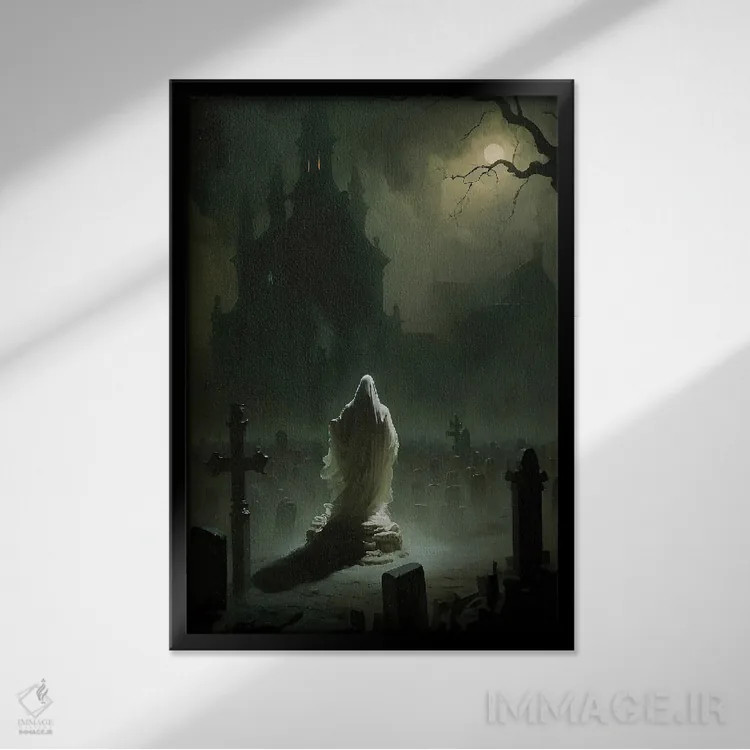 تابلو روح در قبرستان زیر نور ماه اثر بونا فیدسا - نمای قابدار مشکی