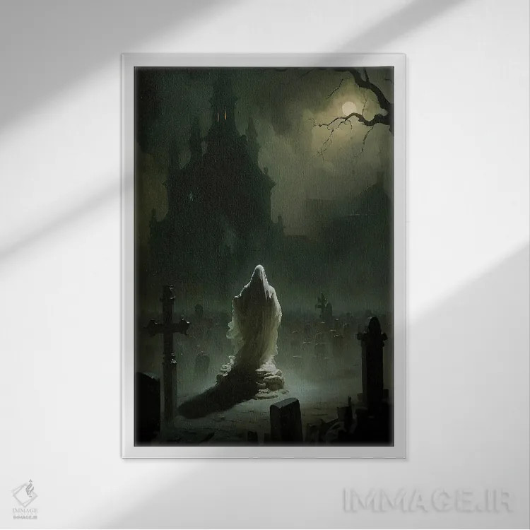 تابلو روح در قبرستان زیر نور ماه اثر بونا فیدسا - نمای قابدار سفید