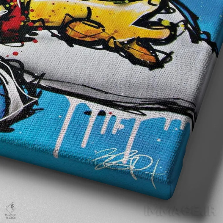 تابلو سیمپسونِ در حال سقوط (اشاره به شخصیتهای سیمپسون) اثر برایان گارسیا - نمای نزدیک بافت بوم