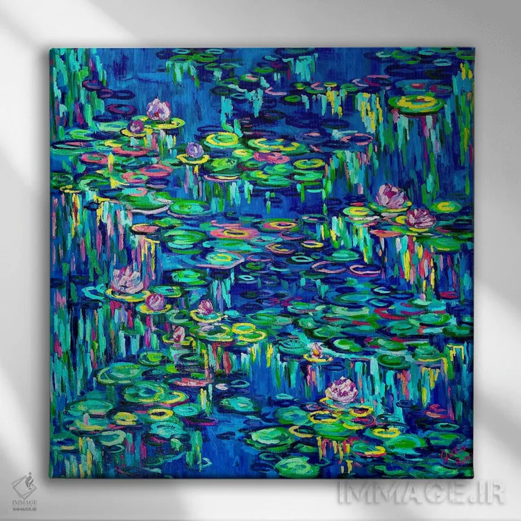 تابلو قطرههای باران روی نیلوفر آبی اثر جولیا بورگ - نمای روبهرو روی دیوار