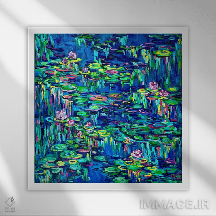تابلو قطرههای باران روی نیلوفر آبی اثر جولیا بورگ - نمای قابدار سفید