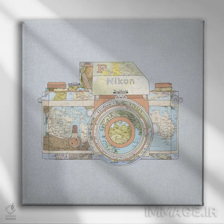 تابلو سفر با نیکون (دوربین) اثر بیانکا گرین - نمای روبهرو روی دیوار