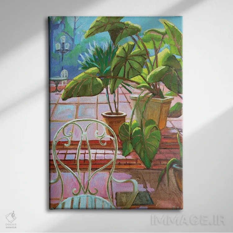 تابلو Pink Floor,برگهای نخل، کف صورتی اثر آنا بوگوشفسکایا - نمای روبهرو روی دیوار