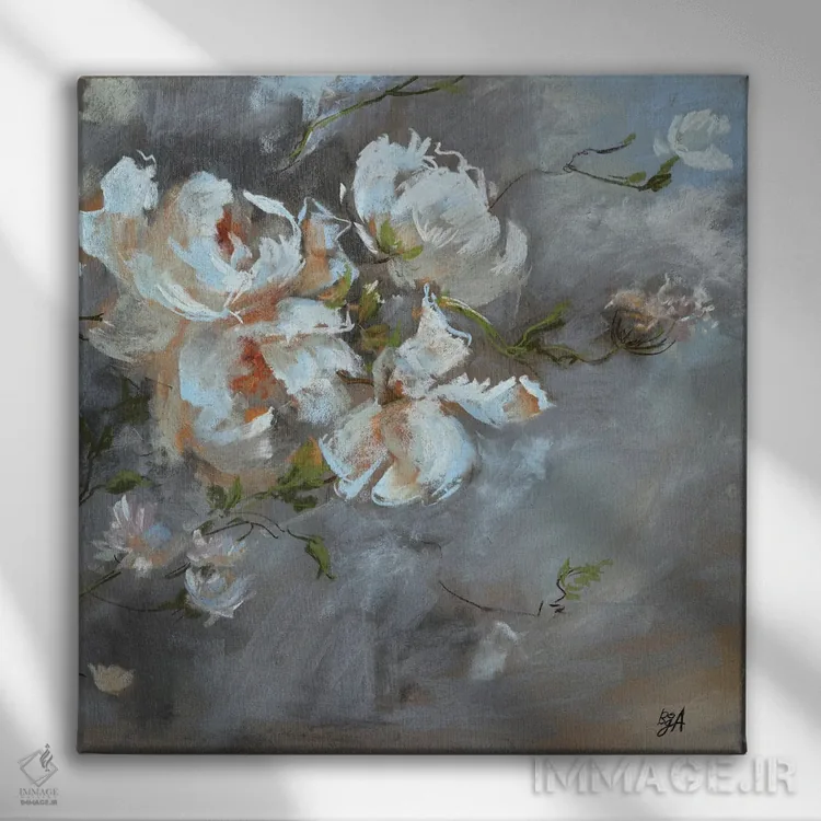 تابلو گلهای صدتومانی سفید و آسمان رعدآلود اثر آنا بوگوشفسکایا - نمای روبهرو روی دیوار