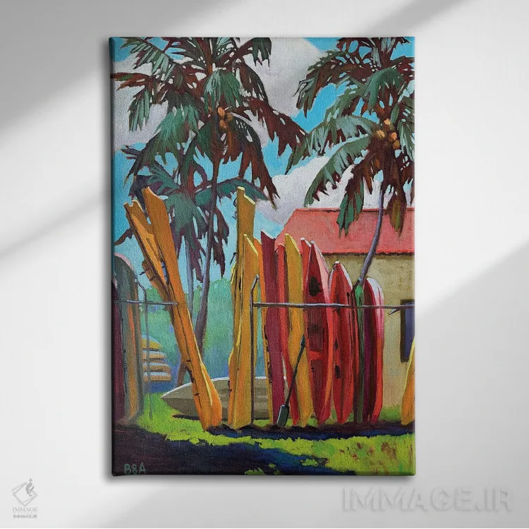 تابلو کایاکهای رنگارنگ اثر آنا بوگوشفسکایا - نمای روبهرو روی دیوار