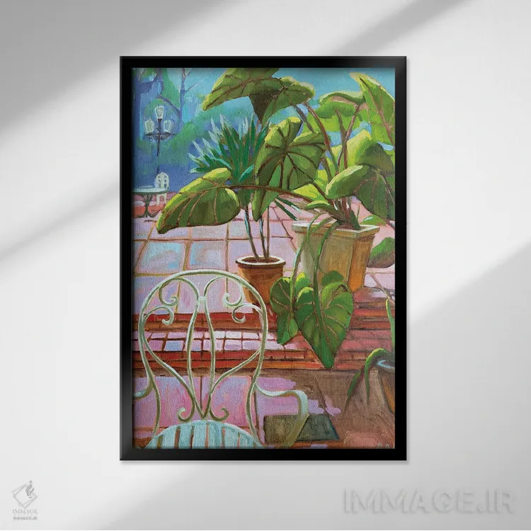 تابلو Pink Floor,برگهای نخل، کف صورتی اثر آنا بوگوشفسکایا - نمای قابدار مشکی