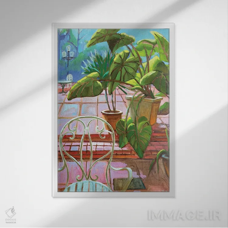 تابلو Pink Floor,برگهای نخل، کف صورتی اثر آنا بوگوشفسکایا - نمای قابدار سفید