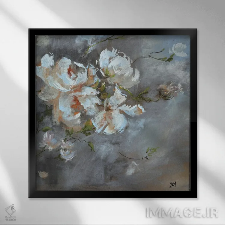 تابلو گلهای صدتومانی سفید و آسمان رعدآلود اثر آنا بوگوشفسکایا - نمای قابدار مشکی