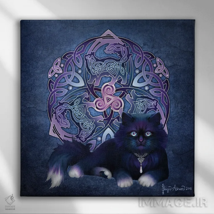 تابلو گربه سیاه پشمالوی سلتیک اثر بریگید اشوود - نمای روبهرو روی دیوار