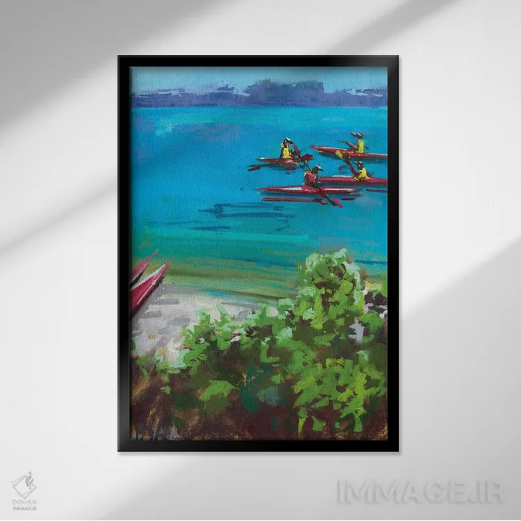 تابلو کایاکهای قرمز اثر آنا بوگوشفسکایا - نمای قابدار مشکی