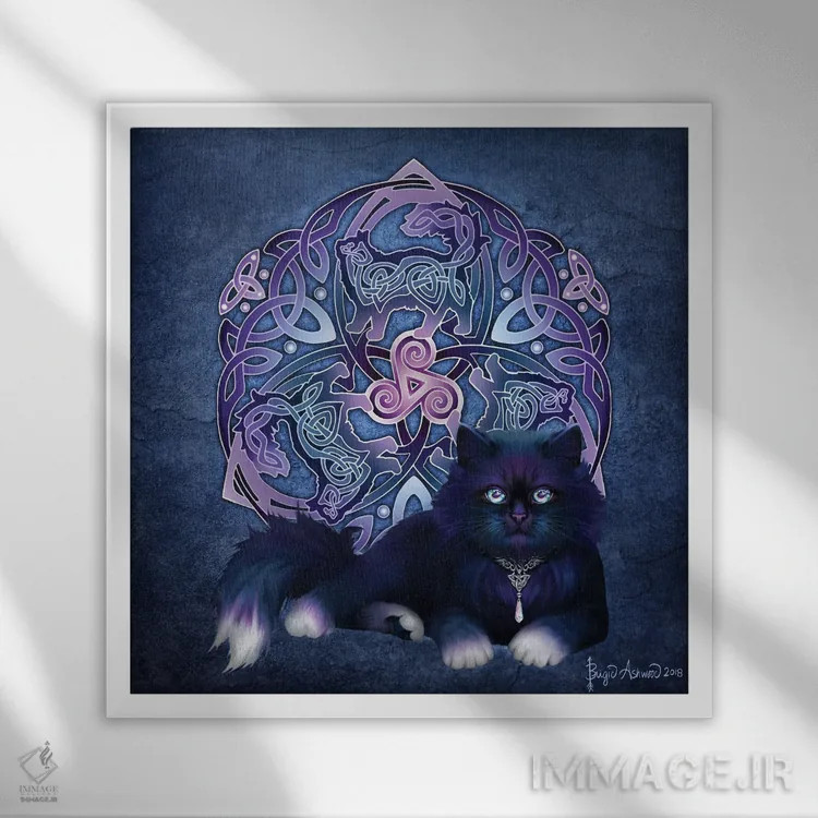 تابلو گربه سیاه پشمالوی سلتیک اثر بریگید اشوود - نمای قابدار سفید