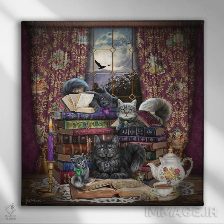 تابلو گربهها و کتابها در زمان قصه اثر بریگید اشوود - نمای روبهرو روی دیوار
