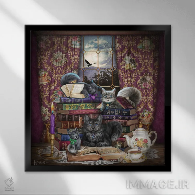 تابلو گربهها و کتابها در زمان قصه اثر بریگید اشوود - نمای قابدار مشکی