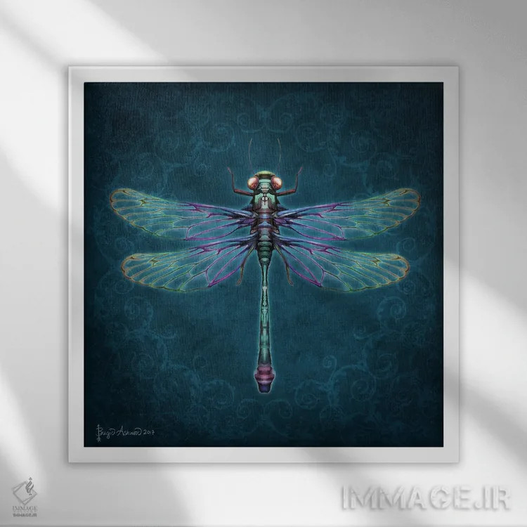 تابلو سنجاقک گلبوتهای (دمسک) اثر بریگید اشوود - نمای قابدار سفید