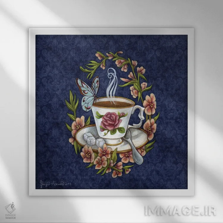 تابلو چای و مصاحبت اثر بریگید اشوود - نمای قابدار سفید