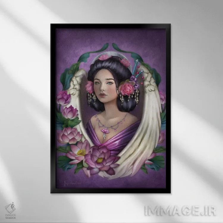 تابلو فرشته نیلوفر اثر بریگید اشوود - نمای قابدار مشکی