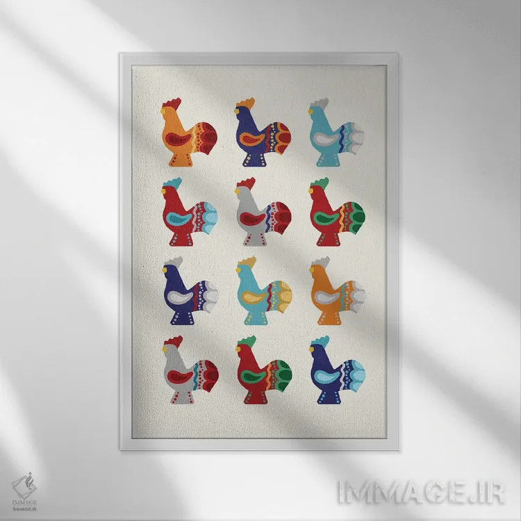 تابلو خروسهای دالا (سوئدی) اثر بث بوردلون - نمای قابدار سفید