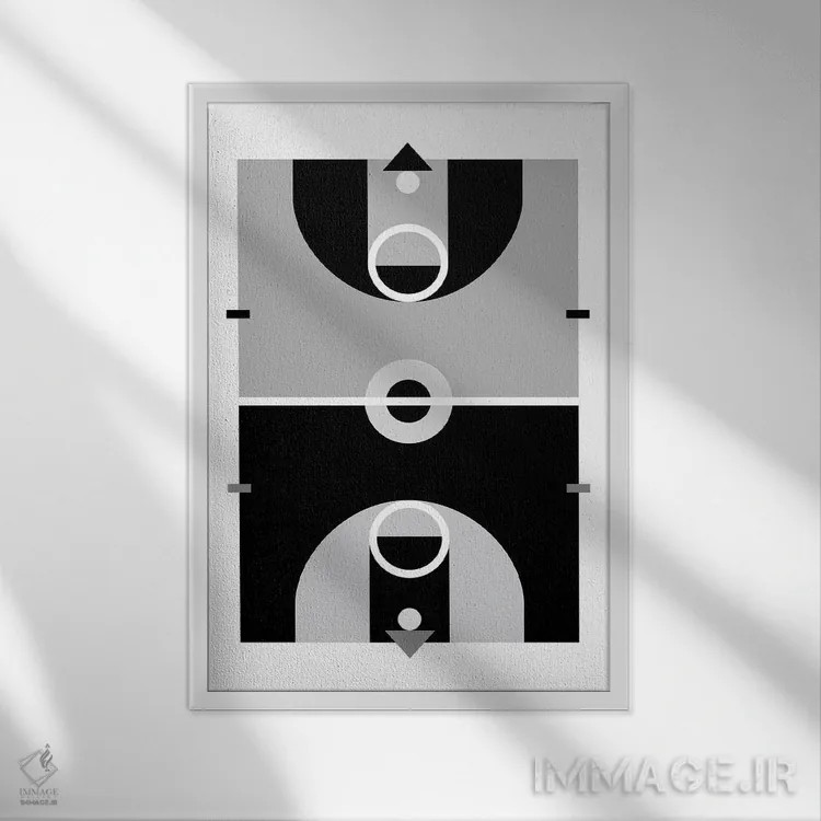 تابلو زمین بسکتبال سیاه و سفید اثر بث بوردلون - نمای قابدار سفید