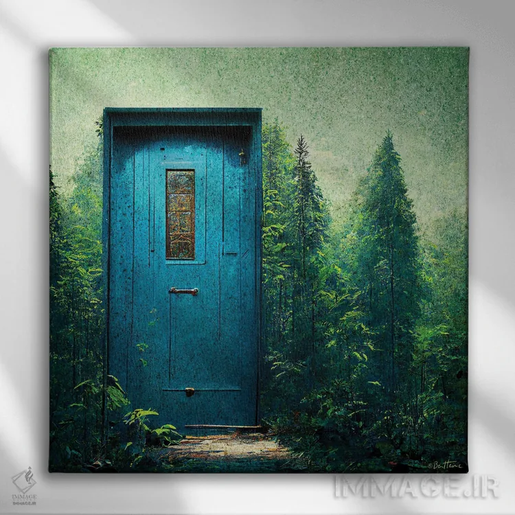 تابلو درب آبی در میان سبزهها اثر بن هاین (هنرمند بلژیکی) - نمای روبهرو روی دیوار
