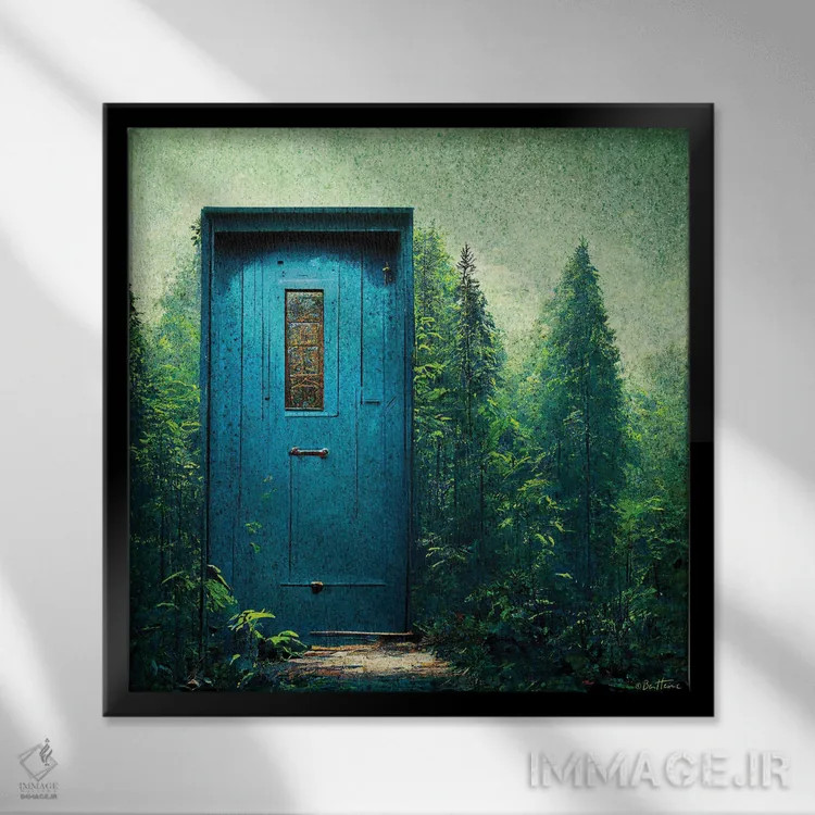 تابلو درب آبی در میان سبزهها اثر بن هاین (هنرمند بلژیکی) - نمای قابدار مشکی