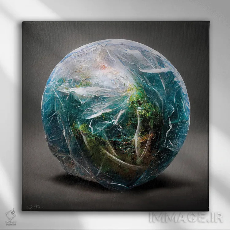 تابلو زمین در کیسه پلاستیکی پیچیده شده اثر بن هاین (هنرمند بلژیکی) - نمای روبهرو روی دیوار